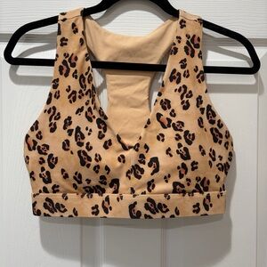 Fabletics Tan and Black Leopard V-Neck Racerback Sports Bra